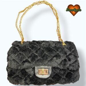 Women's Black Quilted Faux Fur Shoulder Bag with Gold Chain - Crossbody/Shoulder